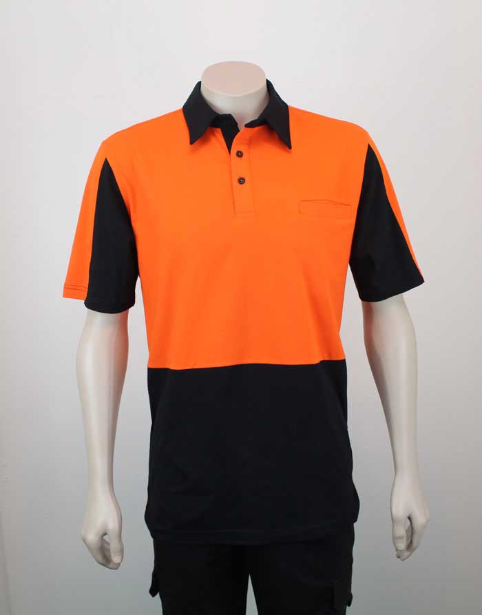 100% Cotton Hi Vis Panel Polo SS Orange Black Front By Loop Workwear NZ